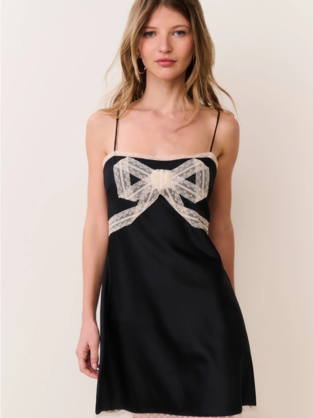 LoveShackFancy Black Satin Slip Dress with Cream Lace Bow